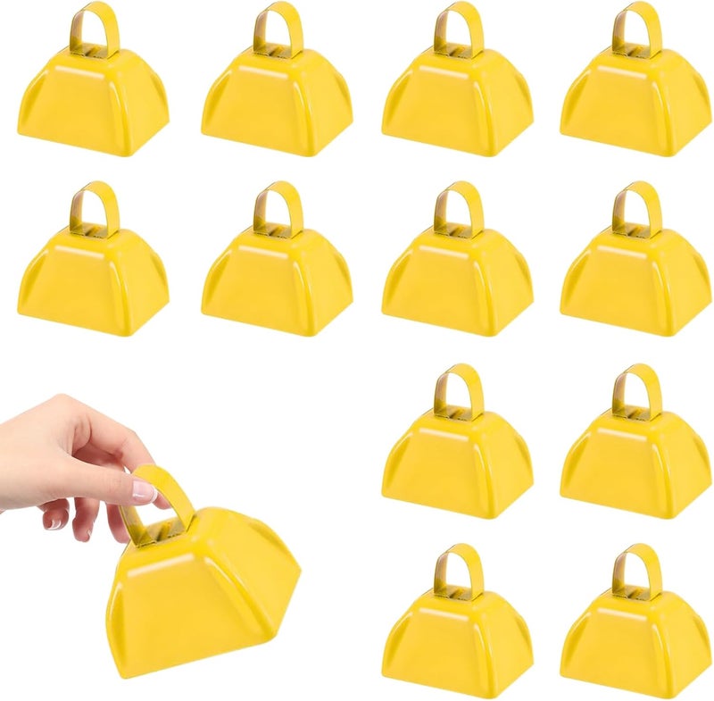 HEYLEAYAR 3Inch Cowbells for Sporting Events,12Pcs Metal Cow Bells Bulk Loud Noise Makers Cow Bell with Handle for Cheering Football Games Spirit Marathon Weddings Party Noisemakers, Yellow - Image 1